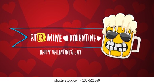 Beer mine valentines vector valentines greeting horizontal banner with beer glass cartoon character on red background with hearts. Vector adult valentines day party poster design template