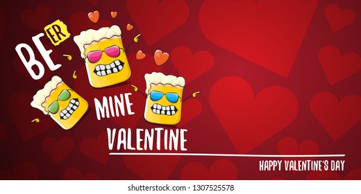 Beer mine valentines vector valentines greeting horizontal banner with beer glass cartoon character on red background with hearts. Vector adult valentines day party poster design template