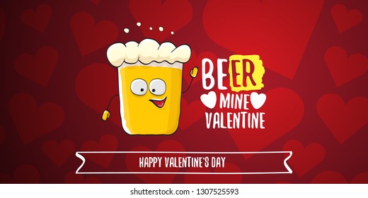 Beer mine valentines vector valentines greeting horizontal banner with beer glass cartoon character on red background with hearts. Vector adult valentines day party poster design template