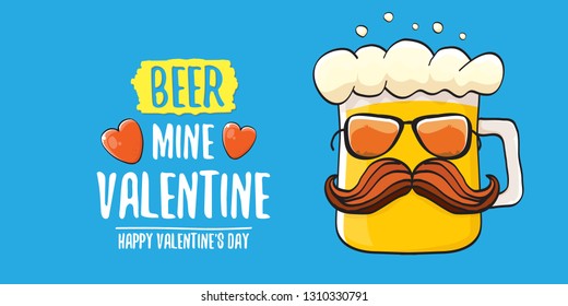 Beer mine valentines vector valentines greeting horizontal banner with beer glass cartoon character on blue background. Vector adult valentines day party poster design template 