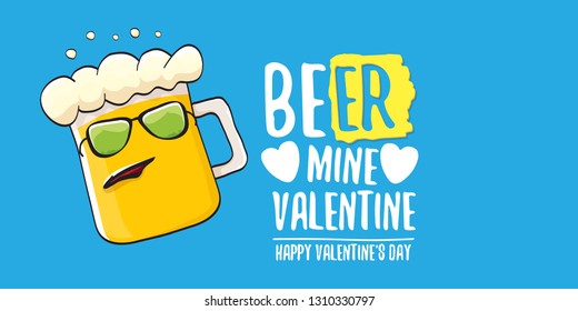 Beer mine valentines vector valentines greeting horizontal banner with beer glass cartoon character on blue background. Vector adult valentines day party poster design template 