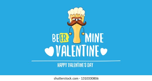 Beer mine valentines vector valentines greeting horizontal banner with beer glass cartoon character on blue background. Vector adult valentines day party poster design template 