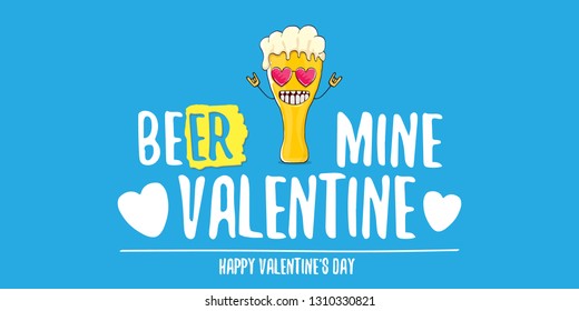Beer mine valentines vector valentines greeting horizontal banner with beer glass cartoon character on blue background. Vector adult valentines day party poster design template 