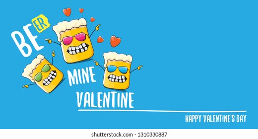 Beer mine valentines vector valentines greeting horizontal banner with beer glass cartoon character on blue background. Vector adult valentines day party poster design template 