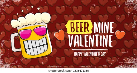 Beer mine valentines vector valentines greeting horizontal banner with beer glass cartoon character on red background with red hearts. Vector funny valentines day party poster design template