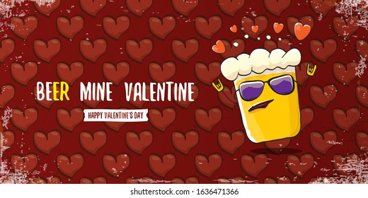 Beer mine valentines vector valentines greeting horizontal banner with beer glass cartoon character on red background with red hearts. Vector funny valentines day party poster design template