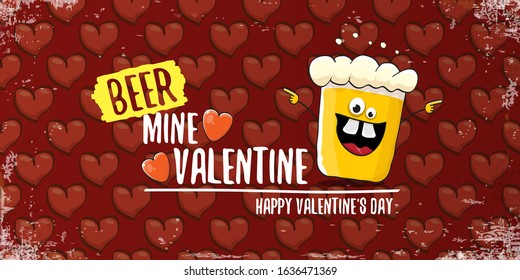 Beer mine valentines vector valentines greeting horizontal banner with beer glass cartoon character on red background with red hearts. Vector funny valentines day party poster design template