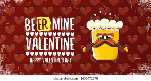 Beer mine valentines vector valentines greeting horizontal banner with beer glass cartoon character on red background with red hearts. Vector funny valentines day party poster design template