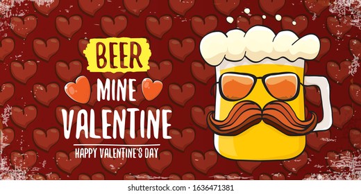 Beer mine valentines vector valentines greeting horizontal banner with beer glass cartoon character on red background with red hearts. Vector funny valentines day party poster design template