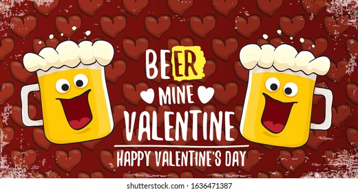 Beer mine valentines vector valentines greeting horizontal banner with beer glass cartoon character on red background with red hearts. Vector funny valentines day party poster design template