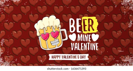 Beer mine valentines vector valentines greeting horizontal banner with beer glass cartoon character on red background with red hearts. Vector funny valentines day party poster design template