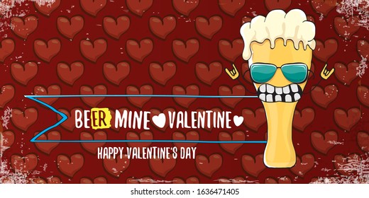 Beer mine valentines vector valentines greeting horizontal banner with beer glass cartoon character on red background with red hearts. Vector funny valentines day party poster design template