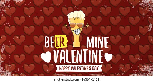 Beer mine valentines vector valentines greeting horizontal banner with beer glass cartoon character on red background with red hearts. Vector funny valentines day party poster design template