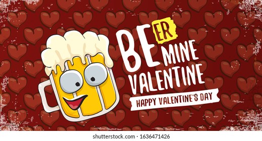 Beer mine valentines vector valentines greeting horizontal banner with beer glass cartoon character on red background with red hearts. Vector funny valentines day party poster design template
