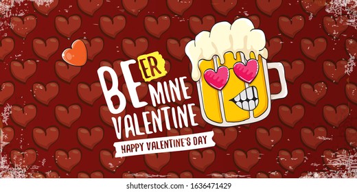 Beer mine valentines vector valentines greeting horizontal banner with beer glass cartoon character on red background with red hearts. Vector funny valentines day party poster design template
