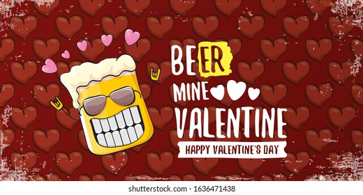 Beer mine valentines vector valentines greeting horizontal banner with beer glass cartoon character on red background with red hearts. Vector funny valentines day party poster design template