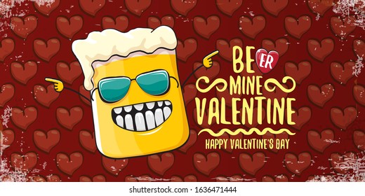 Beer mine valentines vector valentines greeting horizontal banner with beer glass cartoon character on red background with red hearts. Vector funny valentines day party poster design template