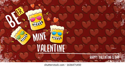 Beer mine valentines vector valentines greeting horizontal banner with beer glass cartoon character on red background with red hearts. Vector funny valentines day party poster design template
