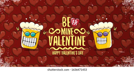 Beer mine valentines vector valentines greeting horizontal banner with beer glass cartoon character on red background with red hearts. Vector funny valentines day party poster design template