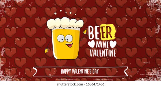 Beer mine valentines vector valentines greeting horizontal banner with beer glass cartoon character on red background with red hearts. Vector funny valentines day party poster design template