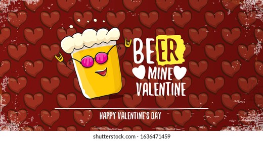 Beer mine valentines vector valentines greeting horizontal banner with beer glass cartoon character on red background with red hearts. Vector funny valentines day party poster design template