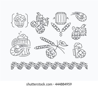 Beer mono line elements for menu, package, design. Vector outline flat emblems, decorations.