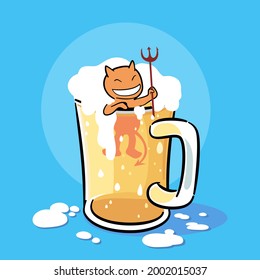 Beer monster, a little monster hanging inside beer glasses to celebrate, drinking with cheerful cartoon style vector