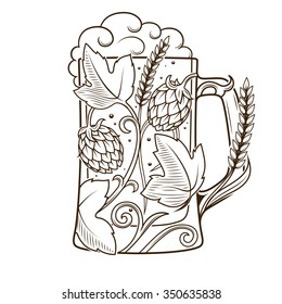 Beer mug abstract ornament vector illustration. Engraving style