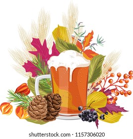 beer mug with autumn leaves, berries and ears