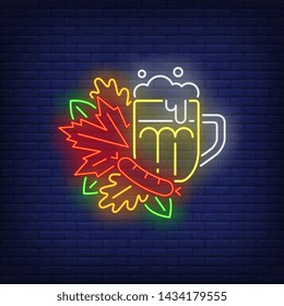 Beer mug with autumn leaves neon sign. Bar, Oktoberfest, pub, party design. Night bright neon sign, colorful billboard, light banner. Vector illustration in neon style.
