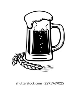 Beer mug and barley or wheat ear label logo design. Hand drawn vector illustration isolated on white background. 