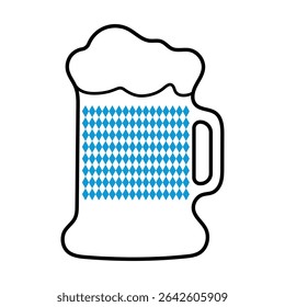 Caneca de cerveja com padrão de bandeira da Baviera e contorno de espuma isolado no fundo branco. Símbolo de celebração da Oktoberfest.