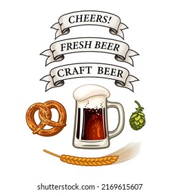 Beer mug, Bavarian pretzel, barley or wheat ear , hop cone, ribbon banners with text Cheers, Fresh Beer, Craft beer.  Hand drawn vintage vector elements isolated on white background.