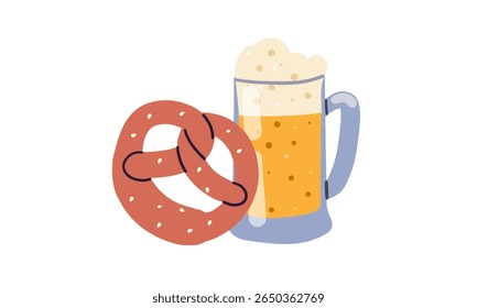 Beer mug, Bavarian pretzel, barley or wheat ear , hop cone, ribbon banners with text Cheers, Fresh Beer, Craft beer. Hand drawn vintage vector elements isolated on white background.