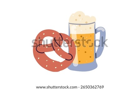 Beer mug, Bavarian pretzel, barley or wheat ear , hop cone, ribbon banners with text Cheers, Fresh Beer, Craft beer. Hand drawn vintage vector elements isolated on white background.
