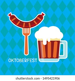 Beer mug and Bavarian sausage on blue background with stylized Bavarian flag. October beer festival in the Munich, Germany. Vector illustration. Design element for flyer, banner, leaflet or poster.