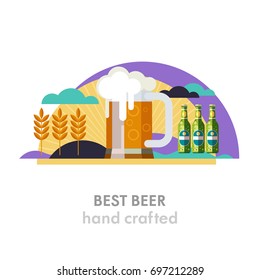Beer mug and beer bottle. The best beer. Wheat field, sun, clouds. Eco-friendly products. Vector illustration in flat style.