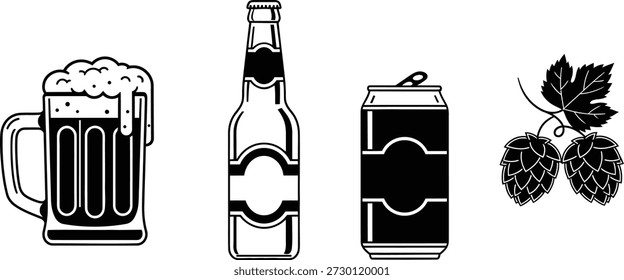 Conjunto de iconos de contorno de bebida de alcohol de lúpulo y lúpulo de botella de taza de cerveza