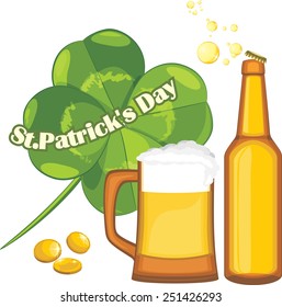 Beer mug and bottle, coins and clover leaf. Congratulation with St. Patrick's Day. Vector