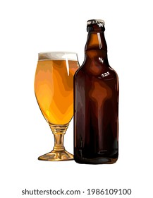 Beer mug with bottle, colored drawing, realistic. Vector illustration of paints