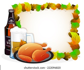 Beer mug, bottle and fried chicken on a beige background, decorated with autumn leaves. Abstract  Oktoberfest background