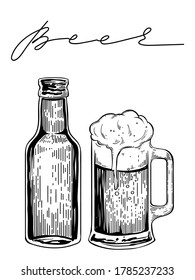 Beer mug and bottle, hand drawn vector, engraving style