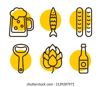 beer mug and bottle icon, fish, hop, sausage, bottle opener thin line for web and mobile, modern minimalist flat design.