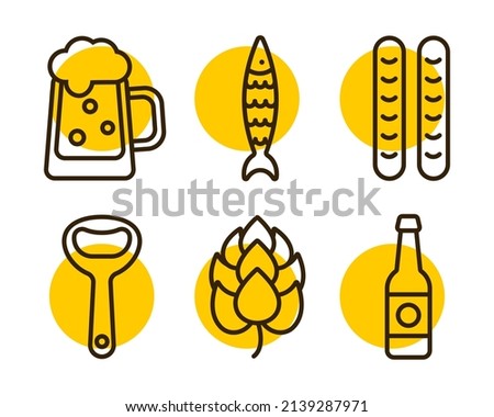 beer mug and bottle icon, fish, hop, sausage, bottle opener thin line for web and mobile, modern minimalist flat design.