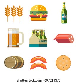 Beer mug, bottle packaging bottled beer, keg beer, a hamburger, sausage, biscuits, barley ear. Set of vector icons.