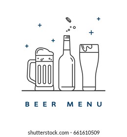 A beer mug and a bottle. Vector linear icons.