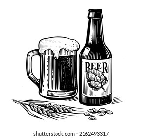 Beer mug with bottle vector sketch. Hops and wheat
