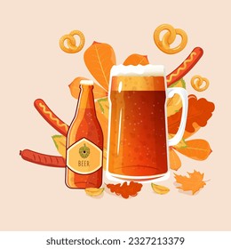 Beer mug and brezels on a leafy background