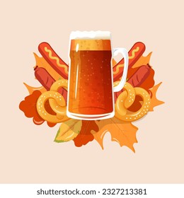 Beer mug and brezels on a leafy background