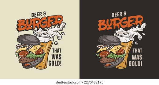 Beer mug and burger with meat, cheese and vegetable for logo, poster or menu. American fast food or USA food with bun, lettuce, cheese, tomato, onion, cutlet for store.